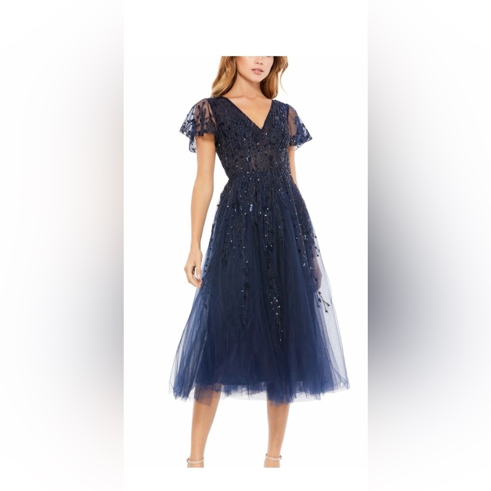 MWT Mac Duggal Navy Blue Beaded Tulle Midi Dress. Size 12